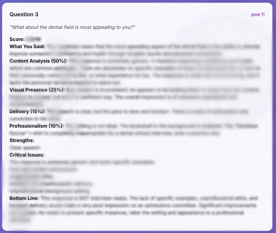 Denterview AI post-interview feedback showing content analysis, visual presence, delivery and professionalism scores